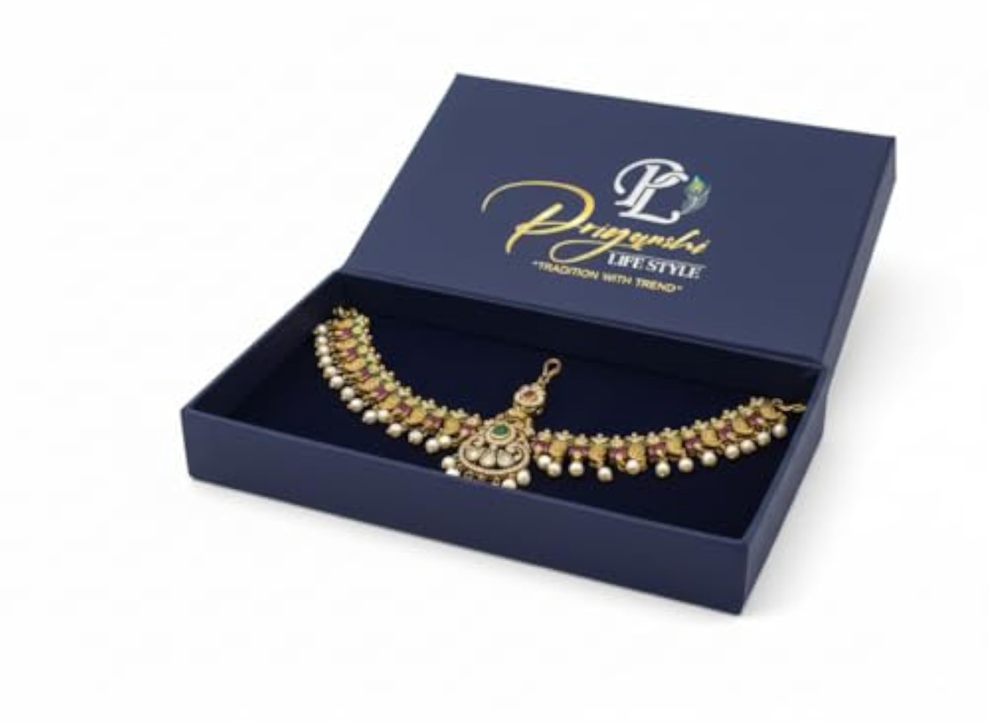 Women's Traditional Gold-Plated Peacock Design Mathapatti with Emerald & Ruby Stones