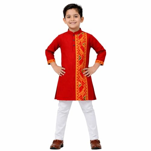 Image of Kurta Pajama for Kids Boys - Jamdani Border Kurta and Elastic Waist Pyjama Set