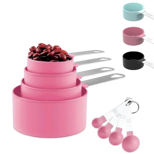 Messlöffel Set 8 Stück Kunststoff Messbecher,Messbecher Set Edelstahl für Messen Flüssigkeiten Feststoffe mit 4 Measuring Cups und 4 Löffel,Messwerkzeug von Küchen Backmessen (Rosa)