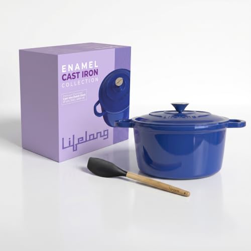 Image of Lifelong Enamel Cast Iron Dutch Oven with Lid (5.6L, 28cm) | Oven, Gas & Induction Compatible | Slow Cooking, Even Heat Distribution, Nontoxic, Durable, Naturally Nonstick, No Stains & Scratch (Blue)