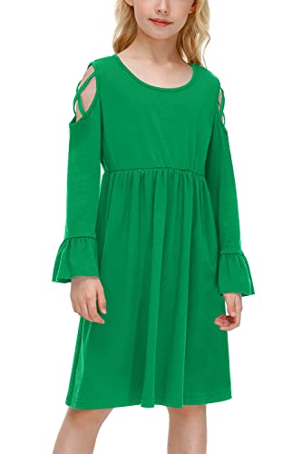 Besserbay Big Girls Green Long Bell Sleeves Criss Cross Cold Shoulder Casual Fall Aline Pleated Midi Dress 11-12 Years #TOP8