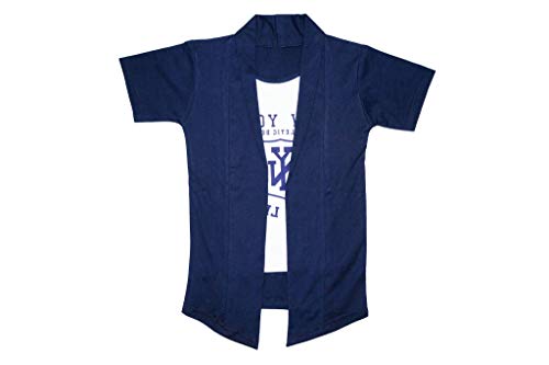 Image of Boy's Regular Fit Half Sleeve Cotton White Printed T-Shirt With Navy Blue Jacket Shrug Look Smart And Comfortable For Any Casual Festive Purpose (13-14 Years)
