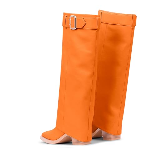 Women's Block Heel Fold Over Knee-High Boots Closed Toe Buckle Slip On Dress Boots4