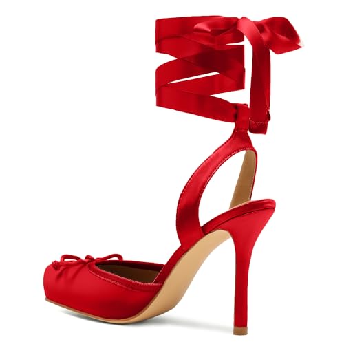 Image of Riekhany Satin Ballet Heels for Women Closed Square Toe Bow Ballerina Heels Lace Up High Heel Slingback Pumps Strappy Stiletto Mary Janes Elegant Party Shoes