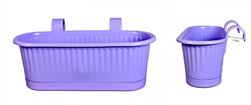 mastBus Plastic Rectangle Hanging Plant Pots for Balcony Railing, Indoor/Outdoor, Colorful Gardening Containers (Purple, 15 inch, 2 Pieces)