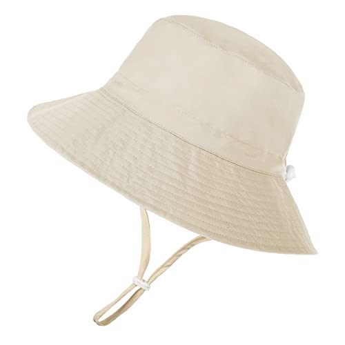 PythJooh Baby Sun Hat Toddler Girl Boy Summer Outdoor UPF 50+ Bucket Sun Hat Beach Pool Wide Brim Adjustable Strap Hats for 0-6Years Beige