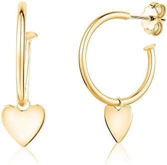14K Yellow Gold Hoop Style Post Earrings with Heart Charm Dangle ...