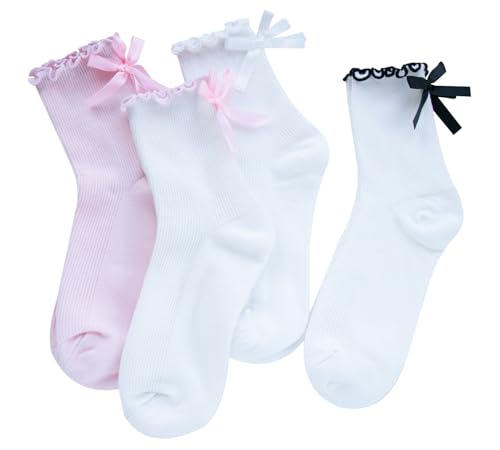 Image of Womens Bow Socks Ruffle Casual Crew Black Whitte Soft Breathable Cotton 4 Pairs Socks
