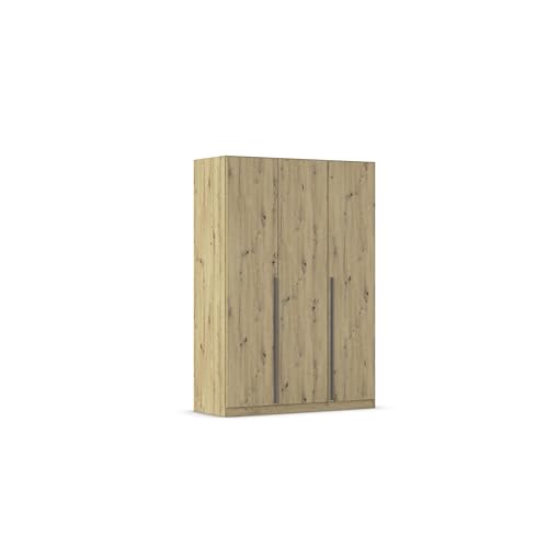 Rauch Möbel Alba, Kleiderschrank, Garderobenschrank 3-türig, mit 2 Kleiderstangen und 2 Einlegeböden, Farbe Eiche Artisan, Holz, Griffstange Grau metallic, Schwarz, 136x197x54cm