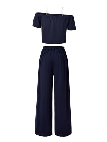 Girl's 2 Piece Sports Summer Outfits Graphic Off the Shoulder Jersey Shirts and Sweatpants Set2