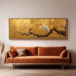 Décoration murale panoramique chinoise avec grue dorée 55x110cm