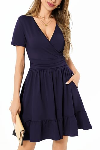 Image of Women's Fashion Summer Causal Short Sleeve Dress V Neck Beach Party Dresses with Pockets