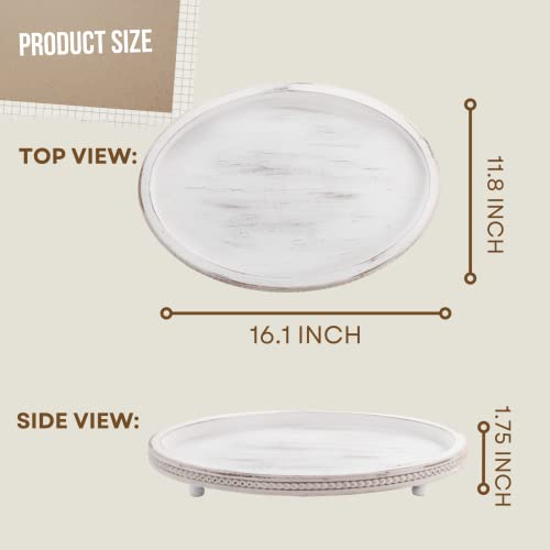 Festwind Wooden Tray,Oval Decorative Tray For Coffee Table Kitchen Dinning Table Entryway, Small Beaded Tray For Holidays, Wood Tray Weathered White #TOP2