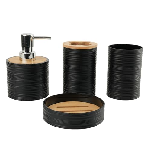 Image of Hosoncovy 4 Pcs Bathroom Container Set Bathroom Accessory Set with Soap Dispenser, Bathroom Cup, Soap Dish ,Toothbrush and Toothpaste Holder (Black)