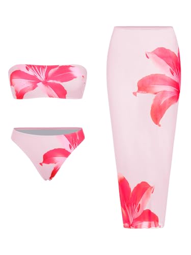 Image of ZAFUL Womens 3pcs Bikini Swimsuits Bandeau 3 Piece Swimwear High Cut Bikini Sets with Long Sheer Coverup Dress
