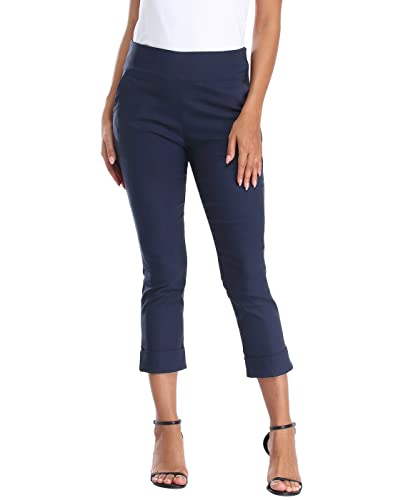 Image of HDE Pull On Capri Pant for Women w /Pockets Elastic Waist Cropped Work Pant | Comfortable Pull On Waist, Tailored Fit with Cuff, Stretchy Summer Office Pants, 24.25 inch Inseam, Professional Dress Capris
