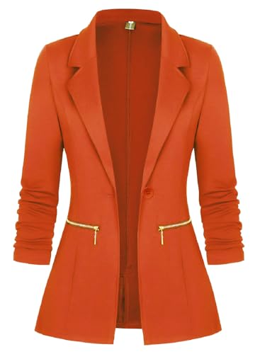 Genhoo Blazers for Women Lightweight Work Casual Knit Blazer Jackets with Zipper Pockets Orange Large