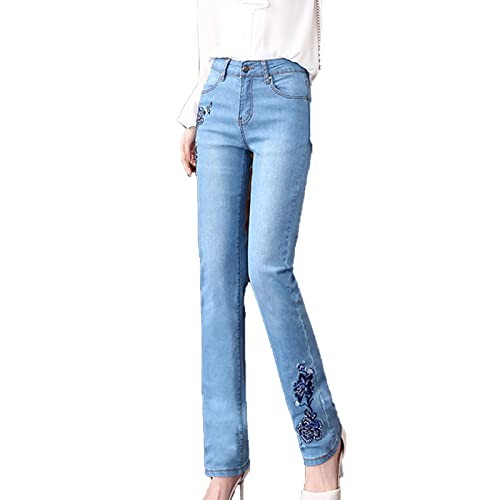 Women's High Waist Floral Embroidered Jeans Slim Fit Straight Leg Stretch Denim Pants Washed Skinny Slimming Jean (Light Blue,28)