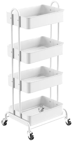 Ceayell Metal Rolling Storage Cart Heavy Duty Utility Cart Organizer with Lockable Wheels (White, 4-Tier)