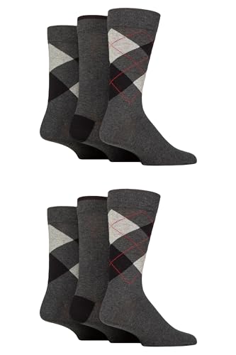 Glenmuir Mens Cotton Socks New Waverley Classic Argyle & Plain - 6 Pairs Soft Breathable for Work & Dress Wear Comfortable Everyday Fit - Charcoal 7-11