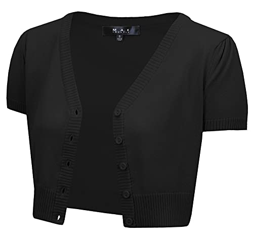 YEMAK Women's Cropped Bolero Cardigan â€“ Short Sleeve V-Neck Basic Classic Casual Button Down Knit Soft Sweater Knitted Top HB2137-BLK-M Black