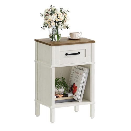 YAUKTAK White Farmhouse Nightstand with Drawer, Small Wooden Bedside Table, White End Table, Bedroom Side Table with Storage, Rustic Wood Night Stand LET512WR