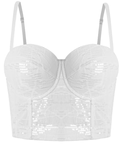 Damen Korsett Pailletten Clubwear Party Bustier mit abnehmbaren Trägern Crop Top Spaghettitop Gothic Punk BH Weiß - M