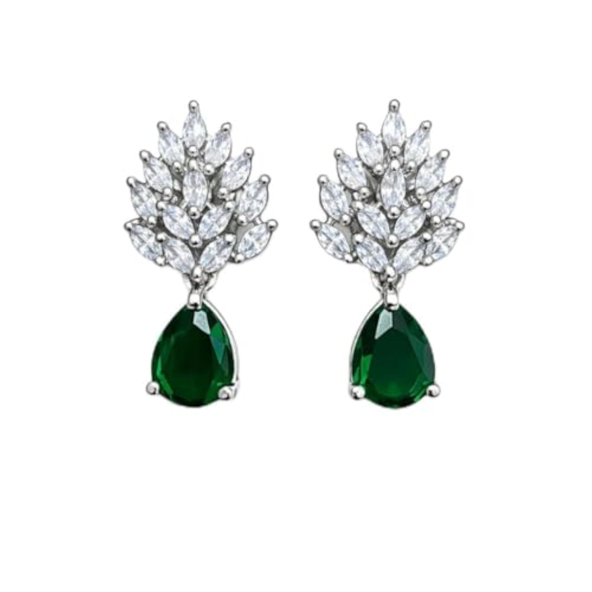 Women's Silver Finish Plated CZ American Diamond Leaf Stud Earrings