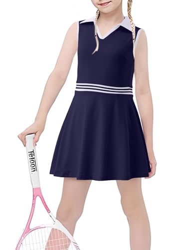 Image of Girls Tennis Dress Golf Outfit Sleeveless Athletic Dresses Polo V Neck Sport Skirt with Pockets 4-13Y