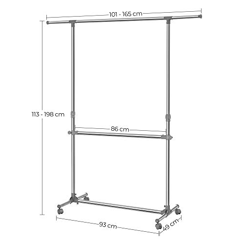 Stojan na šaty Songmics, šatní stojan s výškově přestavitelnými kolečky od 113 do 198 cm, trubka pokovená nerez ocelí LLR401.