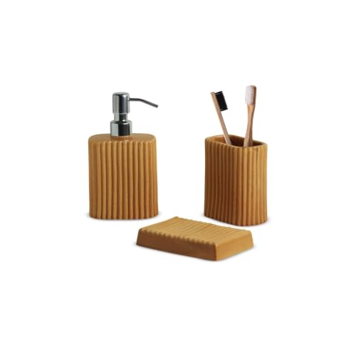 Image of ExclusiveLane 'Amber Flute' Ceramic Bathroom Accessories Set of 3 (Ceramic Liquid Soap Dispenser Set for Wash Basin, Paste & Toothbrush Holder, Soap Tray) |Hand-Carved |Bathroom Organiser Set