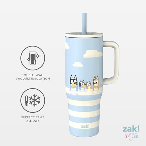Zak Designs Bluey Sutton Travel Tumbler for On the Go, 30oz Stainless Steel with Vacuum Insulation, Silicone Straw, and Carry Handle for Cold Drinks (Bluey, Bingo, Bandit, Chilli) #2