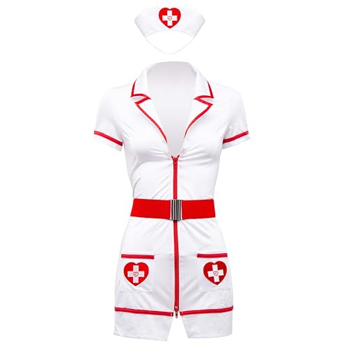 Lovehoney Nurse Costume | Adult Nurse Outfit with Hat | Plus Size White Dress Halloween Hospital Nurses Costume | Valentines Lingerie for Women | Size 8-10