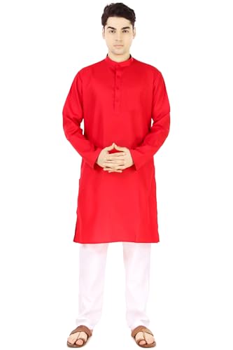 Image of Men's Cotton Solid Kurta Set Mandarin Collar Regular Fit Long Sleeves Ethnic Dress