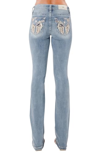 Miss Me Women's Floral Wing Embellished Faux Flap Pockets Mid-Rise Bootcut Jeans