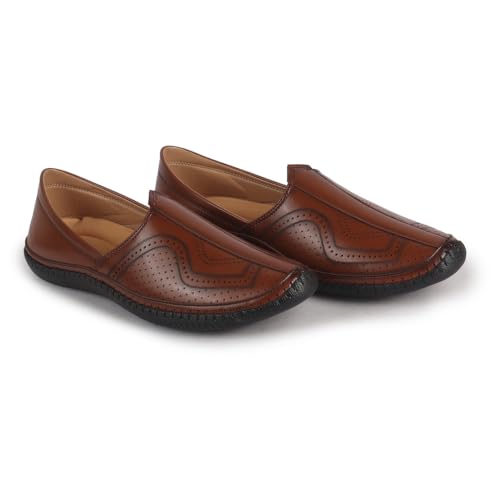 Image of FAUSTO Men Perforated Side Stitched Ethnic Round Toe Juttis and Mojaris for Wedding | Flexible Anti Skid Sole | Pathani Kurta Slip On Shoes