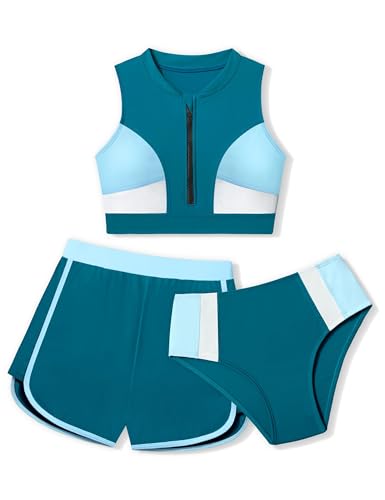 AGAPENG Girls Swimsuits Bathing Suits for Teen Girls 12-14 Swimsuit Color Block Zipper Front Bikini Set with Shorts 3 Piece Teen Bathing Suits 13-14