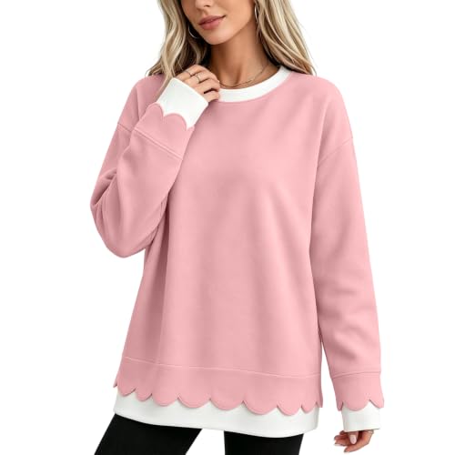 Crewneck Sweatshirt for Women Scallop Hem Loose Long Sleeve Pullover Tops - image 3