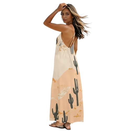Robe longue dos nu motif cactus avec fines bretelles d'été