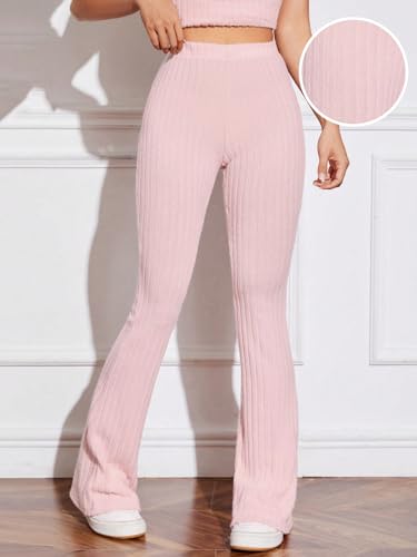WDIRARA Women's Elastic High Waist Pants Knit Textured Bell Bottom Leg Casual Trousers3