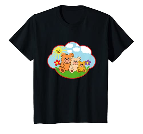 Youth Funny teddy bear in summer sun clouds flowers T-Shirt, Black, 2