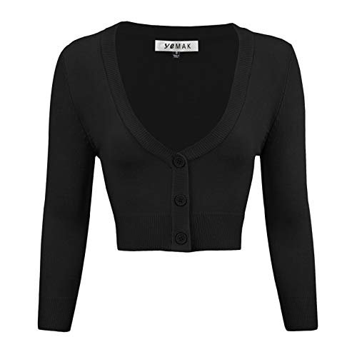 YEMAK Women's Cropped Bolero Cardigan â€“ 3/4 Sleeve V-Neck Basic Classic Casual Button Down Knit Soft Sweater Top CO129-BLK-M Black