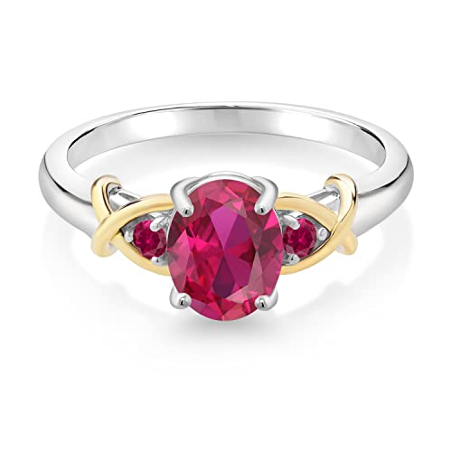 Gem Stone King 2 Tone 925 Sterling Silver and 10K Yellow Gold Oval Red Created Ruby Ring For Women (1.45 Cttw, Available In Size 5, 6, 7, 8, 9)2