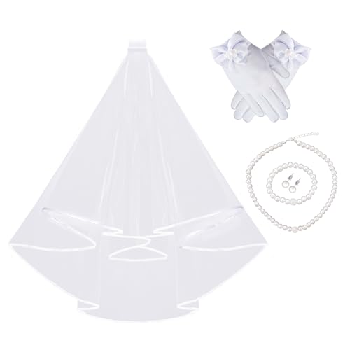 First Communion Veil Set for Girls 1st Holy Communion Accessories for Kids Veil with Hair Comb White Gloves Pearl Necklace Bracelet Earrings Wedding Party Costume(Classical)