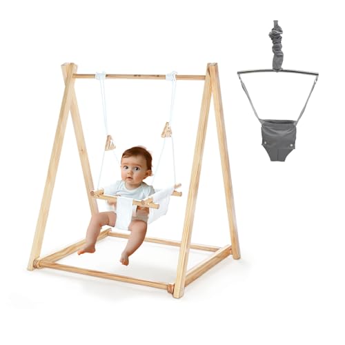 Image of JOYMOR 2-in-1 Wooden Baby Swing & Jumper with A-Frame Foldable Stand for Indoor and Outdoor Use, Montessori Play Set with Baby Swing-Seat for Toddlers 6-36 Months