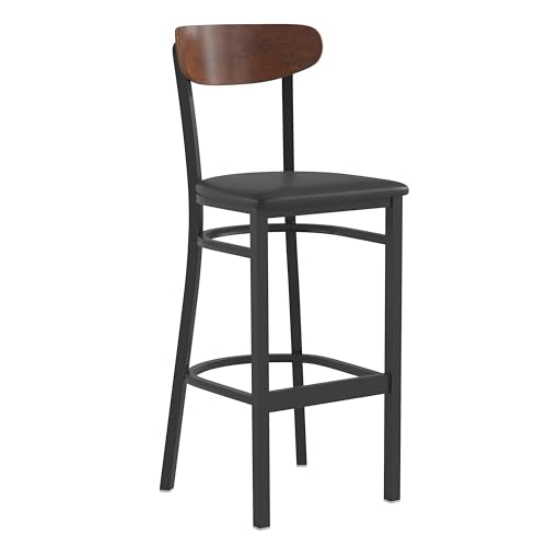 Image of Flash Furniture Wright Commercial Barstool - Walnut Finish Wood Boomerang Back - Black Vinyl Seat - 500 LB. Capacity Black Steel Frame - Integrated Footrest