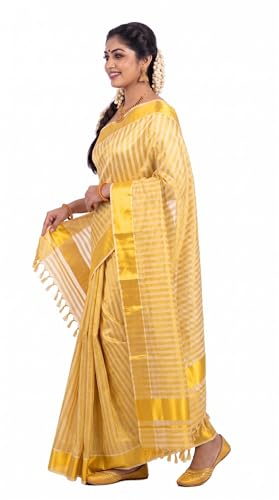 Image of Kerala Traditional Tissue Saree for Women with Running Blouse | South Indian Ethnic Saree for Weddings Onam Vishu Temple Wear & Festivals