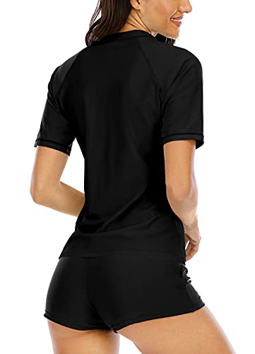Halcurt Women's Short Sleeve Swim Shirt Modest Teen Swimsuit Sun Protection Rash Guard Black Xl #TOP1