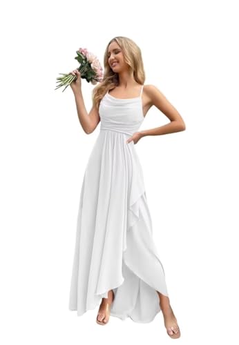 Women's Spaghetti Strap Bridesmaid Dresses for Wedding Long Formal Dresses with Slit Chiffon Evening Party Gowns