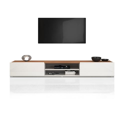 WHOUS Mobile Porta TV GARDA per Soggiorno con 2 Ante a Ribalta e 1 Ripiano Centrale, Mobile Tv per Salotto in Legno, 210x35x30 cm, Bianco Lucido e Rovere